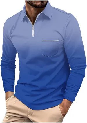 Polo Shirt and Autumn Casual Business Gradient Color Fashion Printing Long Sleeve Lapel Zipper Pocket Sports Shirt