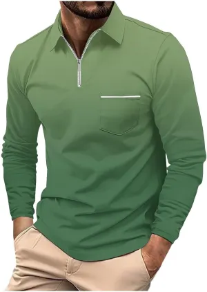 Polo Shirt and Autumn Casual Business Gradient Color Fashion Printing Long Sleeve Lapel Zipper Pocket Sports Shirt