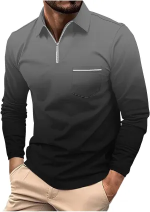 Polo Shirt and Autumn Casual Business Gradient Color Fashion Printing Long Sleeve Lapel Zipper Pocket Sports Shirt