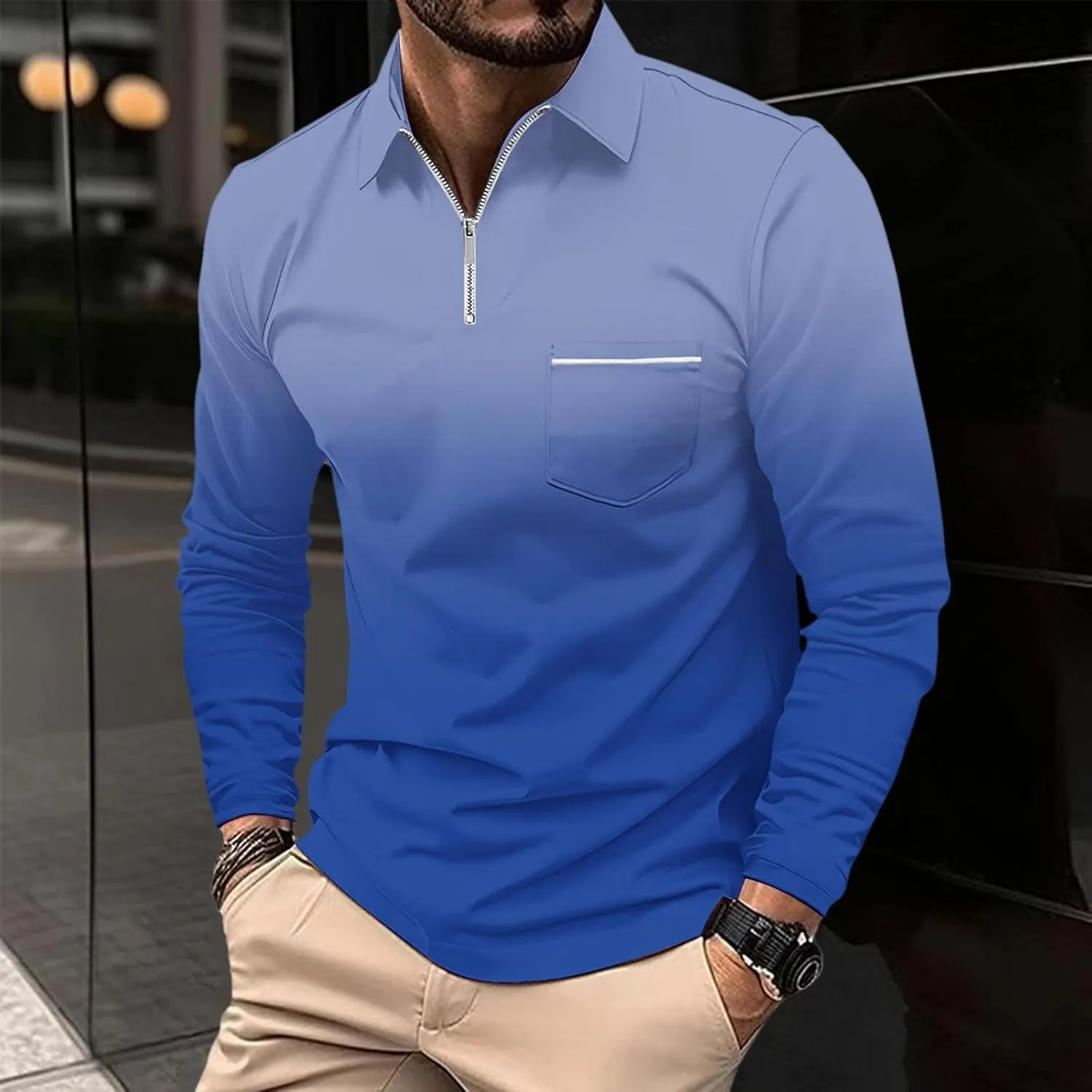 Polo Shirt and Autumn Casual Business Gradient Color Fashion Printing Long Sleeve Lapel Zipper Pocket Sports Shirt