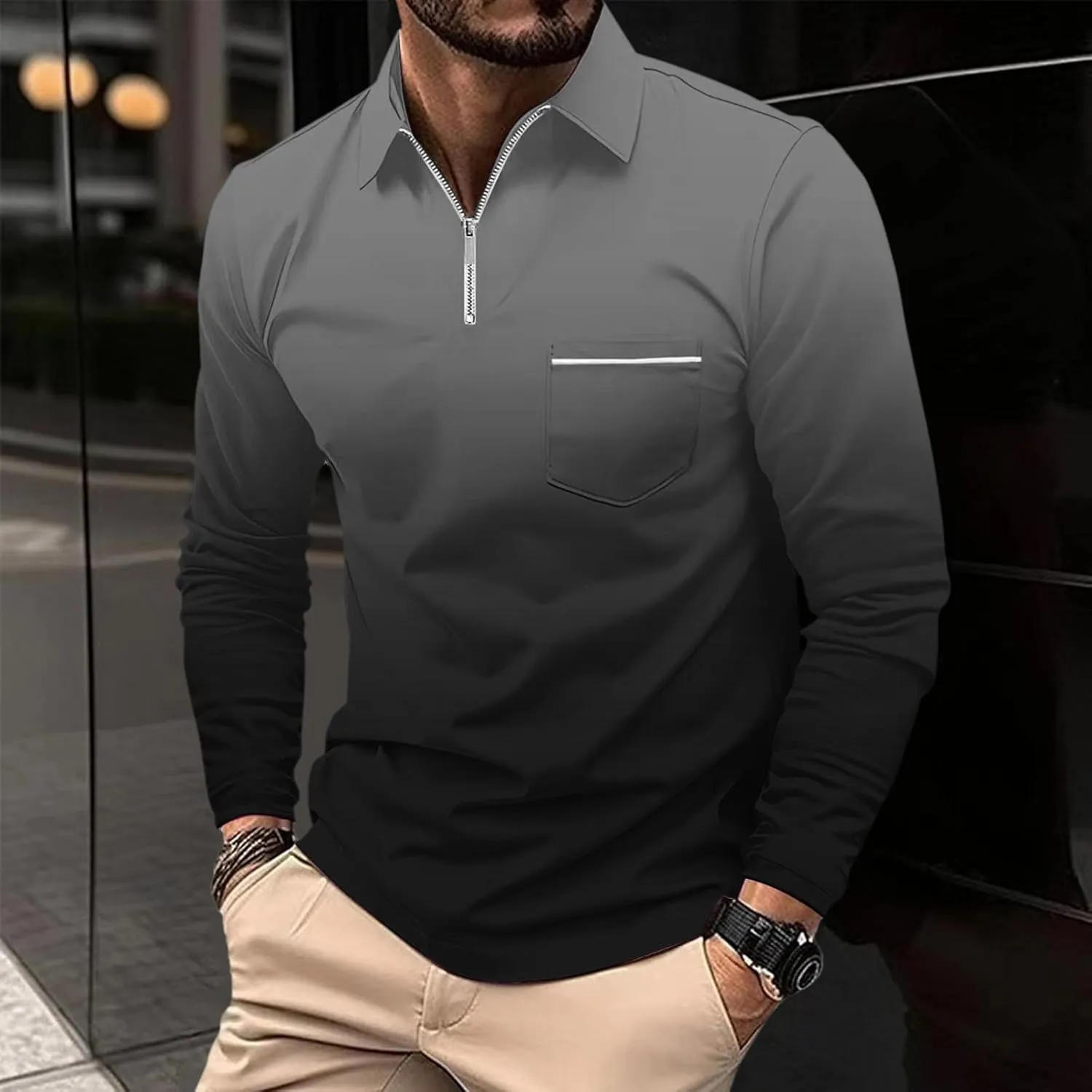 Polo Shirt and Autumn Casual Business Gradient Color Fashion Printing Long Sleeve Lapel Zipper Pocket Sports Shirt