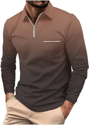 Polos for Men 2025 Casual Business Gradient Color Fashion Printing Long Sleeve Lapel Zipper Pocket Sports Shirt Mens