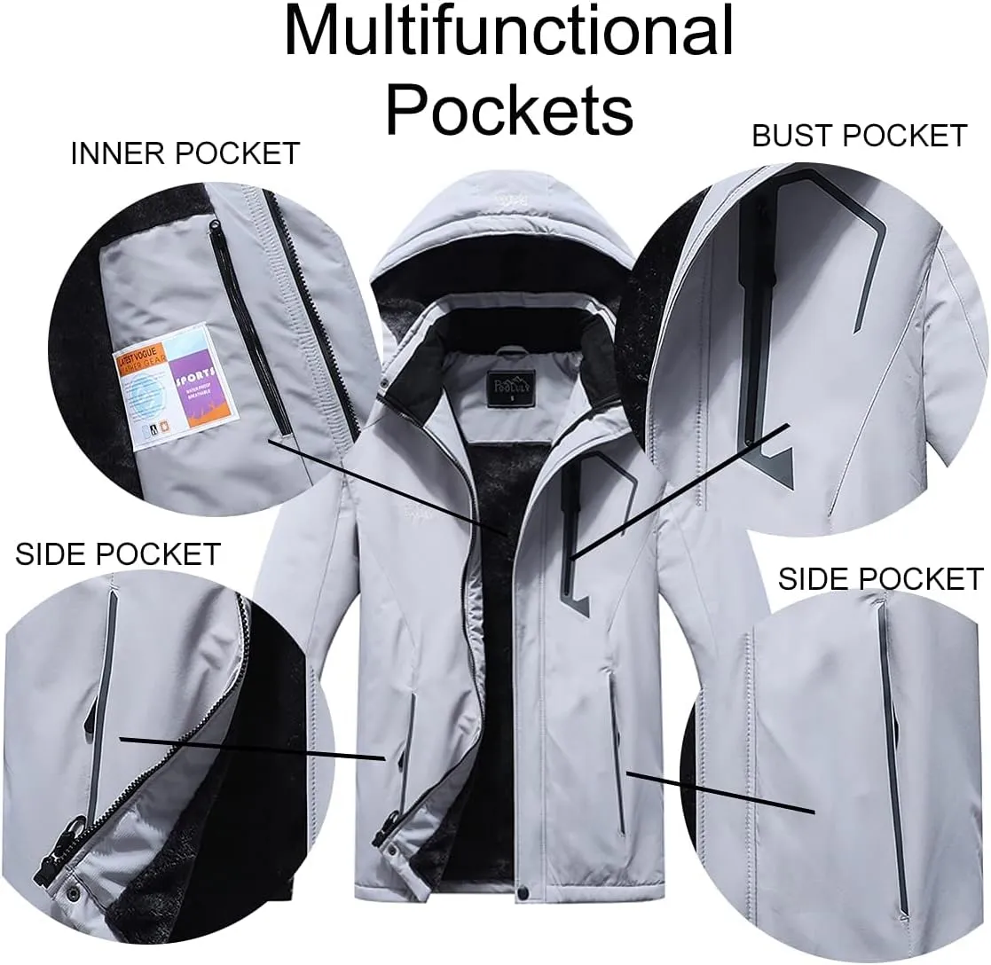 Pooluly Men's Ski Jacket Warm Winter Waterproof Windbreaker Hooded Raincoat Snowboarding Jackets