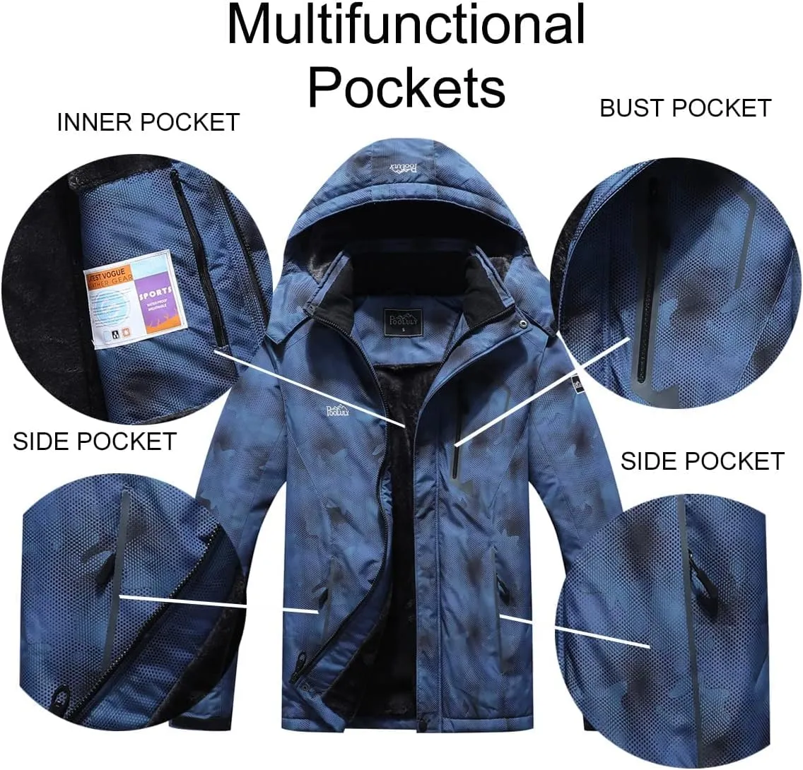 Pooluly Men's Ski Jacket Warm Winter Waterproof Windbreaker Hooded Raincoat Snowboarding Jackets