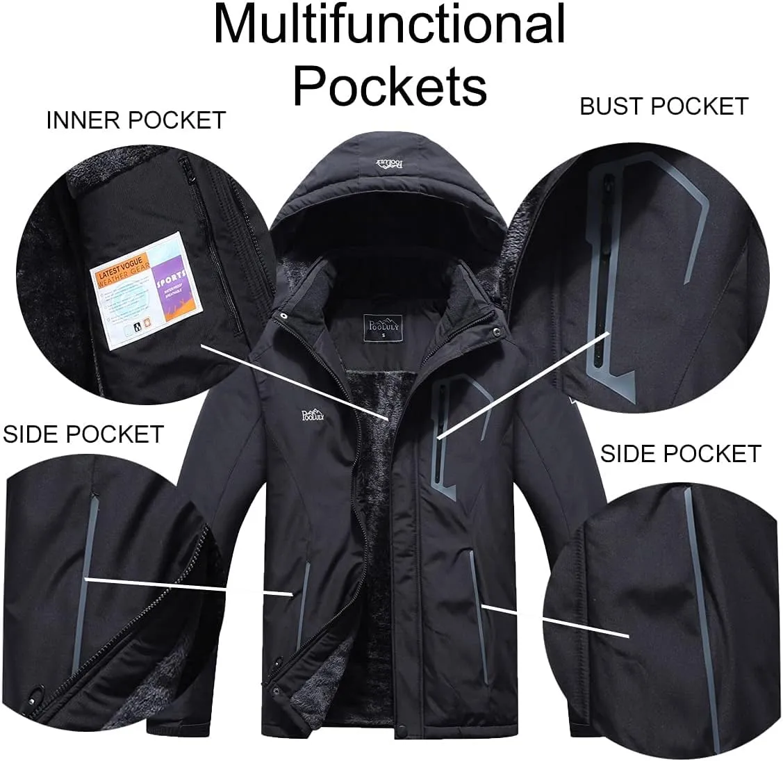 Pooluly Men's Ski Jacket Warm Winter Waterproof Windbreaker Hooded Raincoat Snowboarding Jackets
