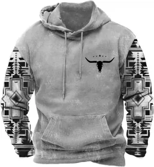 PORCLAY Mens Aztec Hoodie Western Cowboy Hooded Sweatshirt Country Graphic Print Oversized Pullover Shirts with Pocket