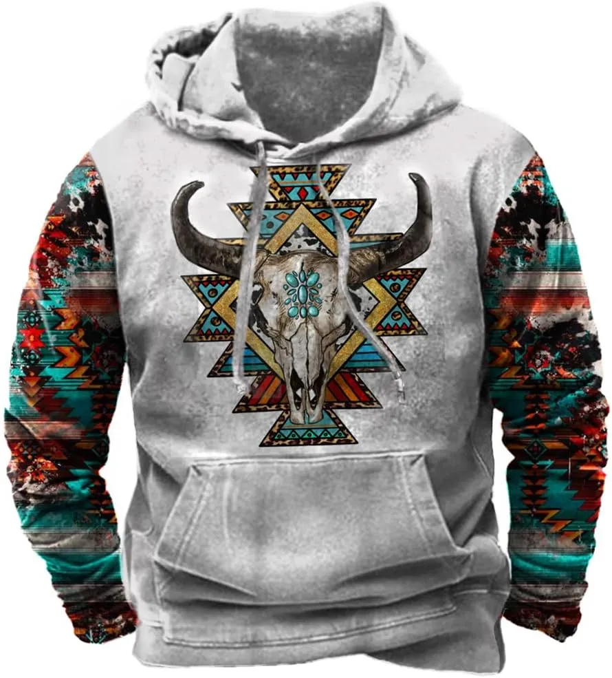 PORCLAY Mens Aztec Hoodie Western Cowboy Hooded Sweatshirt Country Graphic Print Oversized Pullover Shirts with Pocket