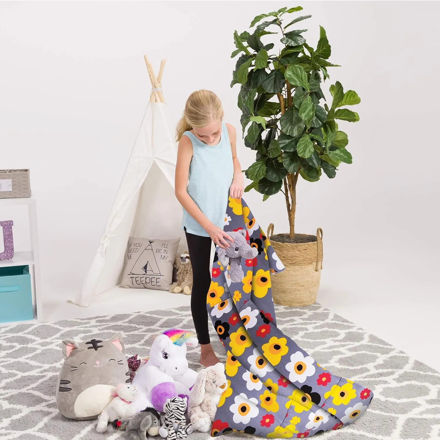 Posh Creations Stuffed Animal Storage Bean Bag Chair Kids, Teens and Adults-Stuffie Seat Cover ONLY, 200L-Large, Canvas Multi-Colored Flowers on Gray