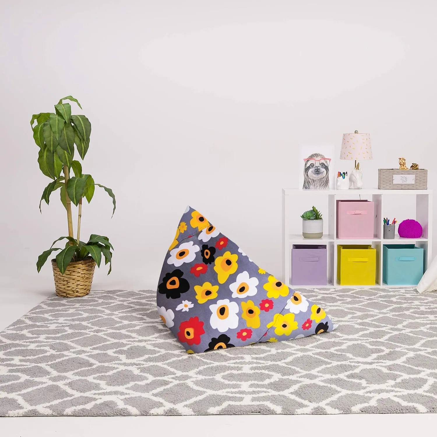 Posh Creations Stuffed Animal Storage Bean Bag Chair Kids, Teens and Adults-Stuffie Seat Cover ONLY, 200L-Large, Canvas Multi-Colored Flowers on Gray