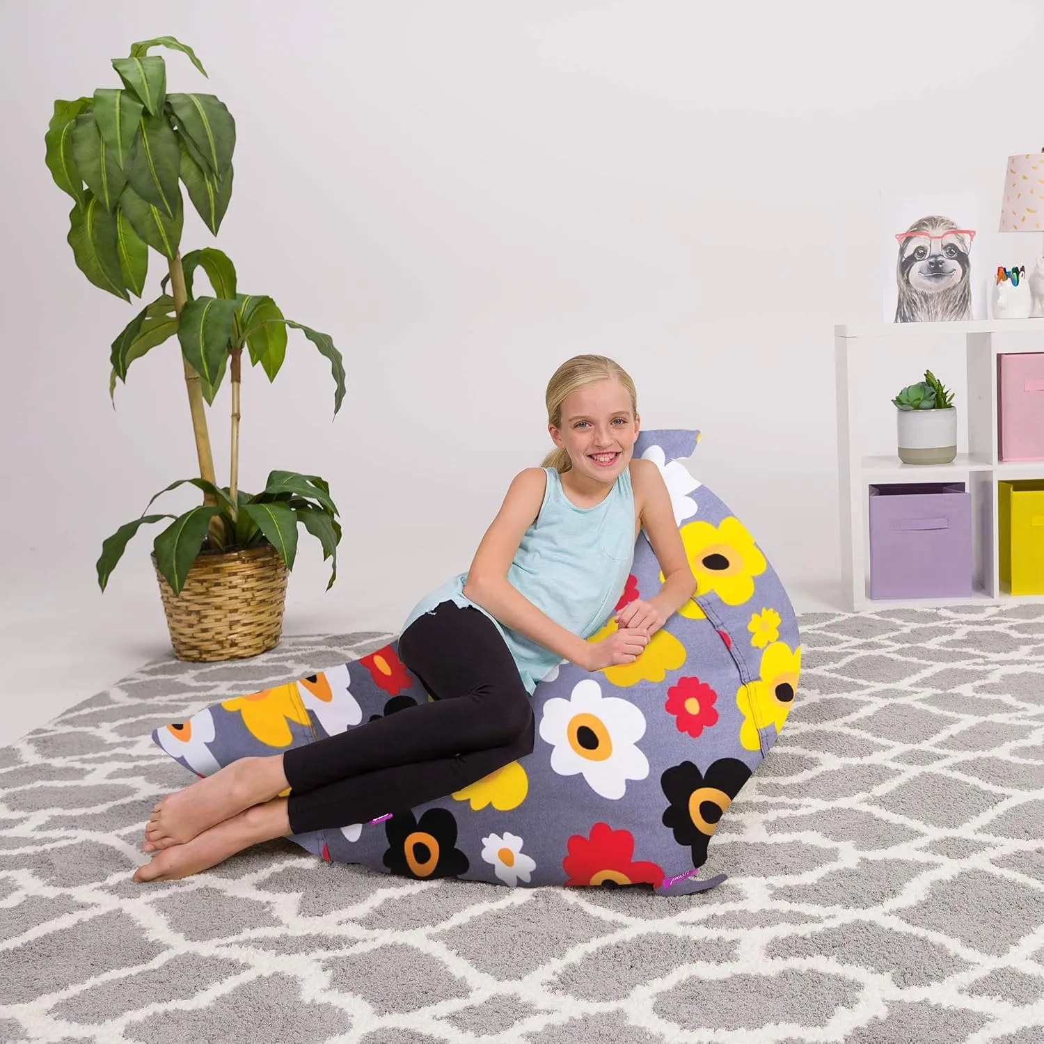 Posh Creations Stuffed Animal Storage Bean Bag Chair Kids, Teens and Adults-Stuffie Seat Cover ONLY, 200L-Large, Canvas Multi-Colored Flowers on Gray