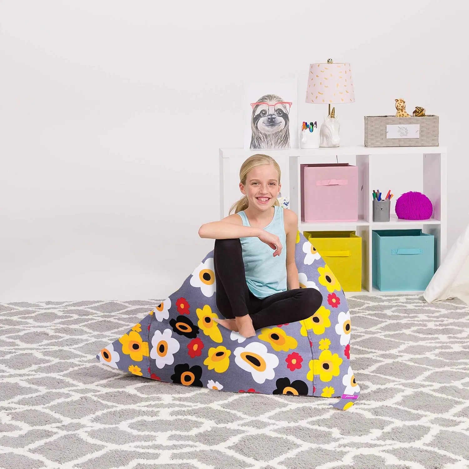 Posh Creations Stuffed Animal Storage Bean Bag Chair Kids, Teens and Adults-Stuffie Seat Cover ONLY, 200L-Large, Canvas Multi-Colored Flowers on Gray