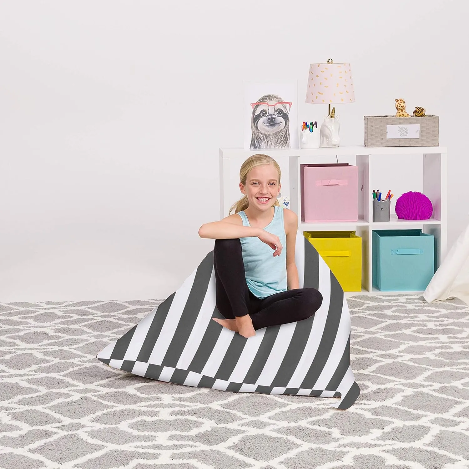 Posh Creations Stuffed Animal Storage Bean Bag Chair Kids, Teens and Adults-Stuffie Seat Cover ONLY, 200L-Large, Canvas Stripes Gray and White