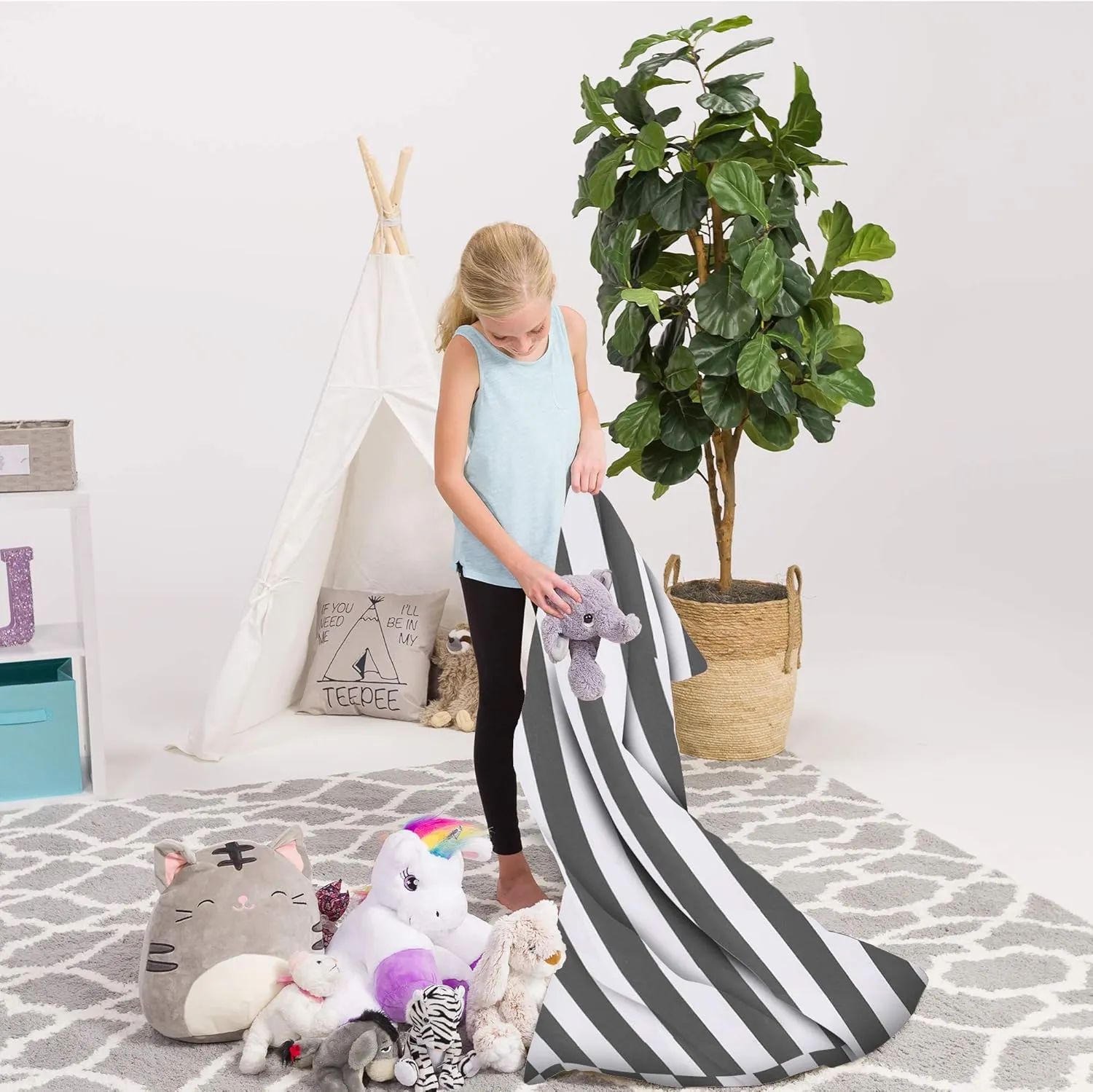 Posh Creations Stuffed Animal Storage Bean Bag Chair Kids, Teens and Adults-Stuffie Seat Cover ONLY, 200L-Large, Canvas Stripes Gray and White