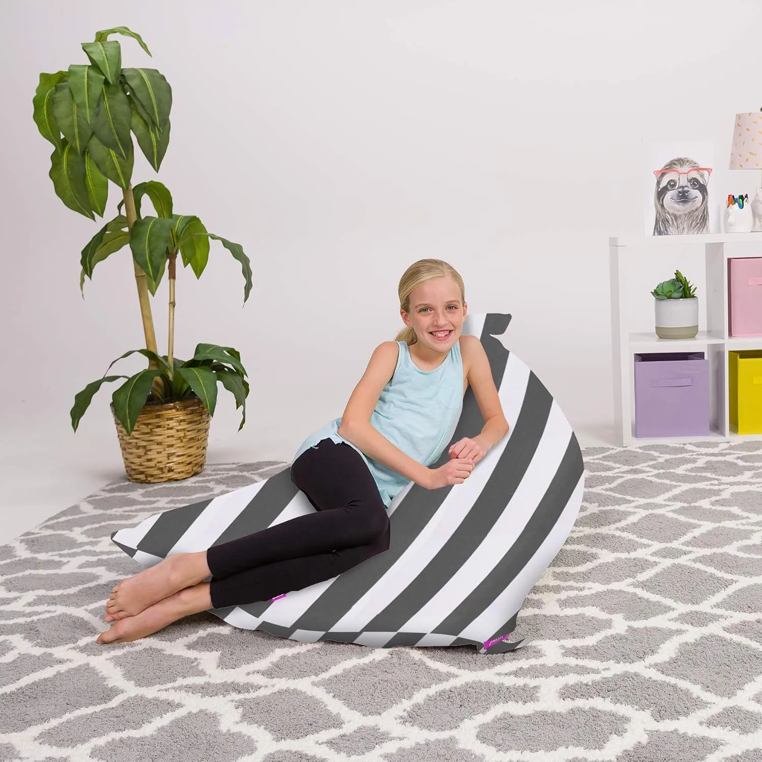 Posh Creations Stuffed Animal Storage Bean Bag Chair Kids, Teens and Adults-Stuffie Seat Cover ONLY, 200L-Large, Canvas Stripes Gray and White