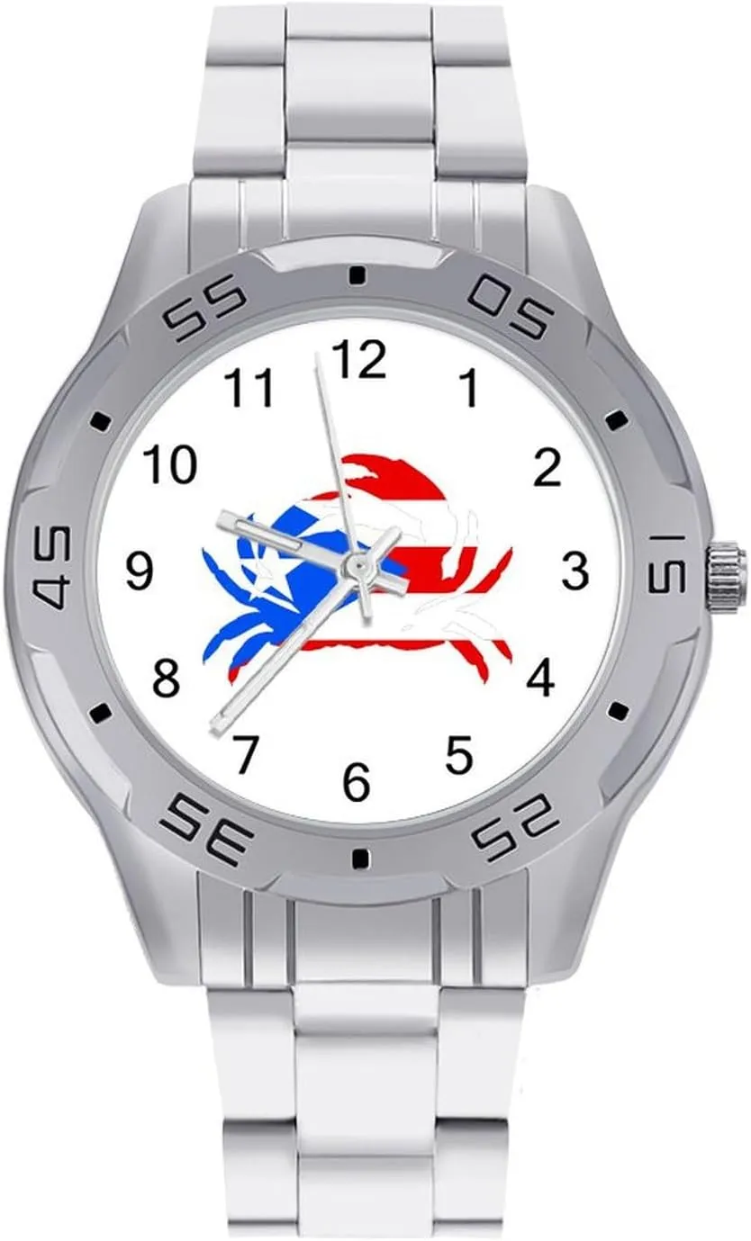 P.R. Crab Puerto.Rico Flag Simple Stainless Steel Band Business Watch Dress Wrist Unique Luxury Work Casual Waterproof Watches