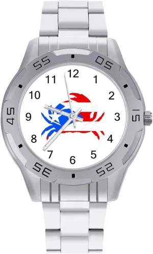 P.R. Crab Puerto.Rico Flag Simple Stainless Steel Band Business Watch Dress Wrist Unique Luxury Work Casual Waterproof Watches