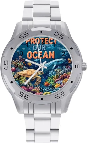 Protect Our Ocean Simple Wrist Watches for Men Silver Casual Big Face Dress Watch Easy to Read