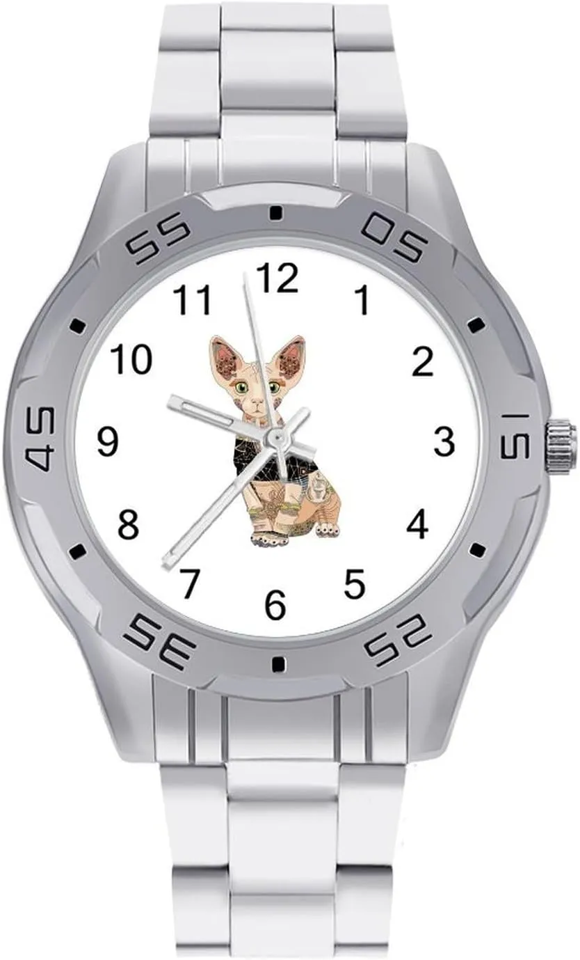 Proud Sphynx Cat Simple Wrist Watches for Men Silver Casual Big Face Dress Watch Easy to Read