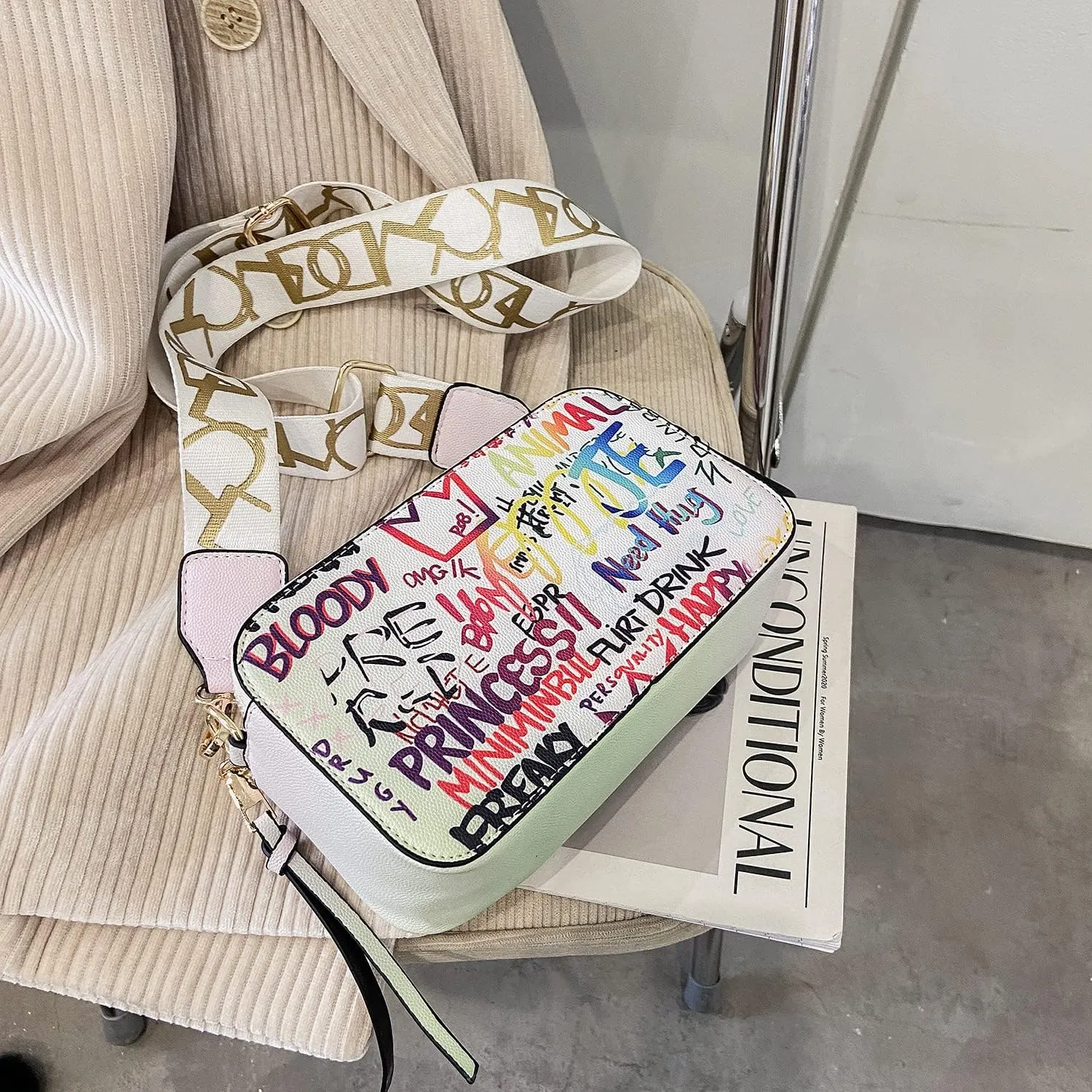 PU Leather Graffiti Square Bag, Large-capacity Tassel Bag, Shoulder Messenger Bag, Double Zipper Adjustable Wallet