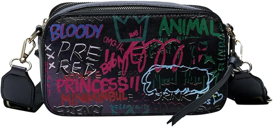 PU Leather Graffiti Square Bag, Large-capacity Tassel Bag, Shoulder Messenger Bag, Double Zipper Adjustable Wallet