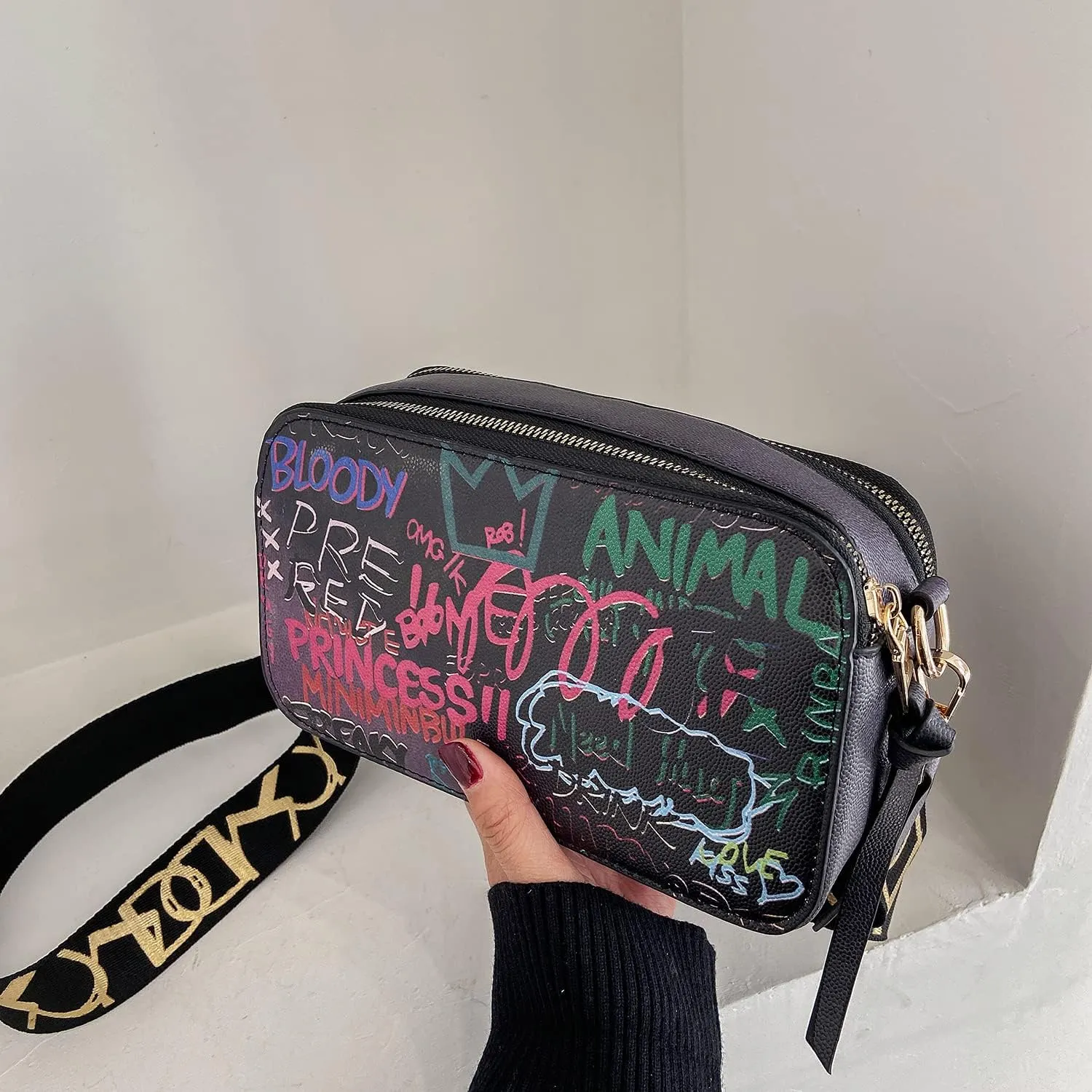 PU Leather Graffiti Square Bag, Large-capacity Tassel Bag, Shoulder Messenger Bag, Double Zipper Adjustable Wallet