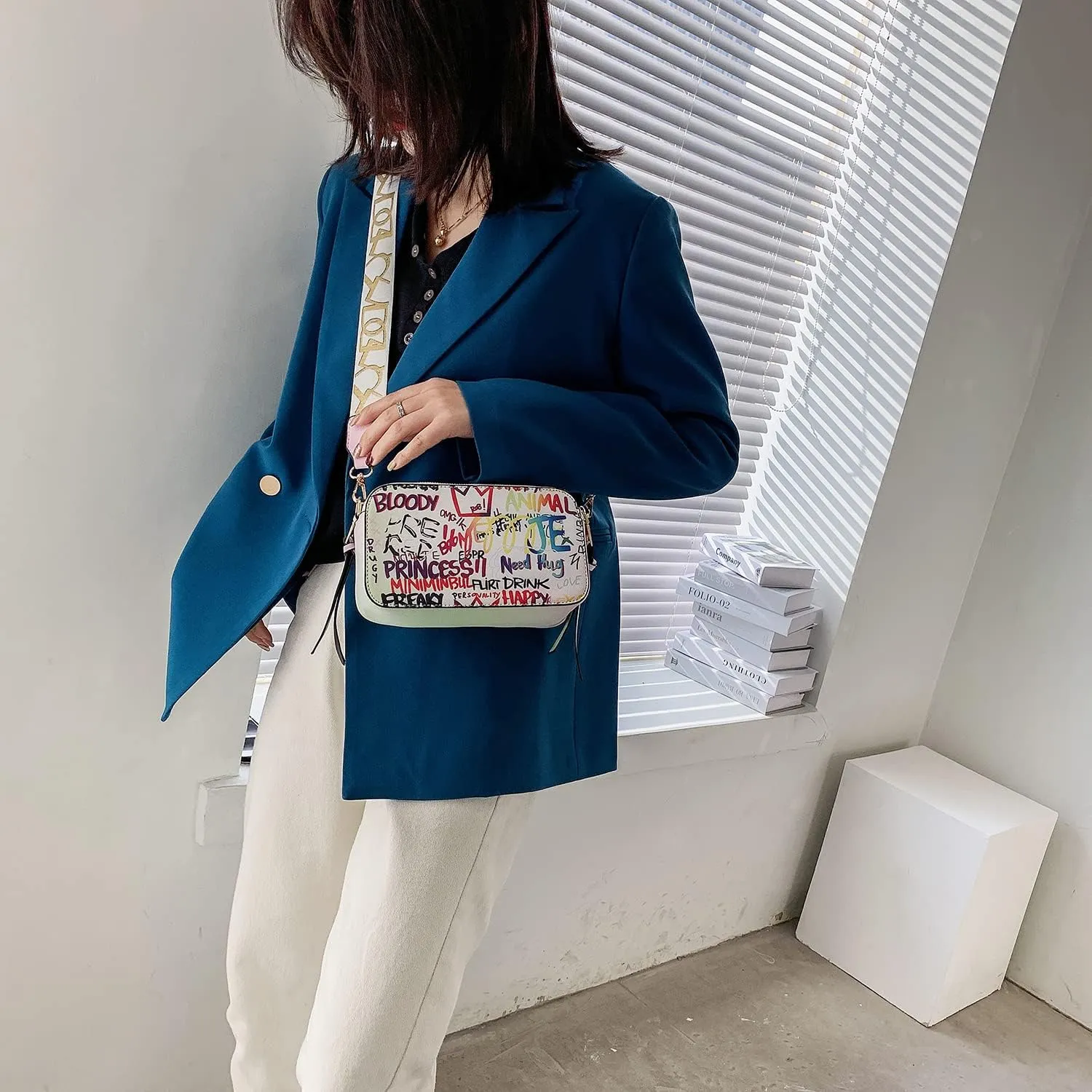 PU Leather Graffiti Square Bag, Large-capacity Tassel Bag, Shoulder Messenger Bag, Double Zipper Adjustable Wallet