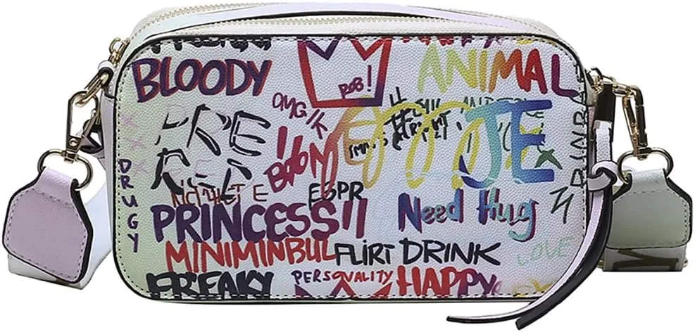 PU Leather Graffiti Square Bag, Large-capacity Tassel Bag, Shoulder Messenger Bag, Double Zipper Adjustable Wallet