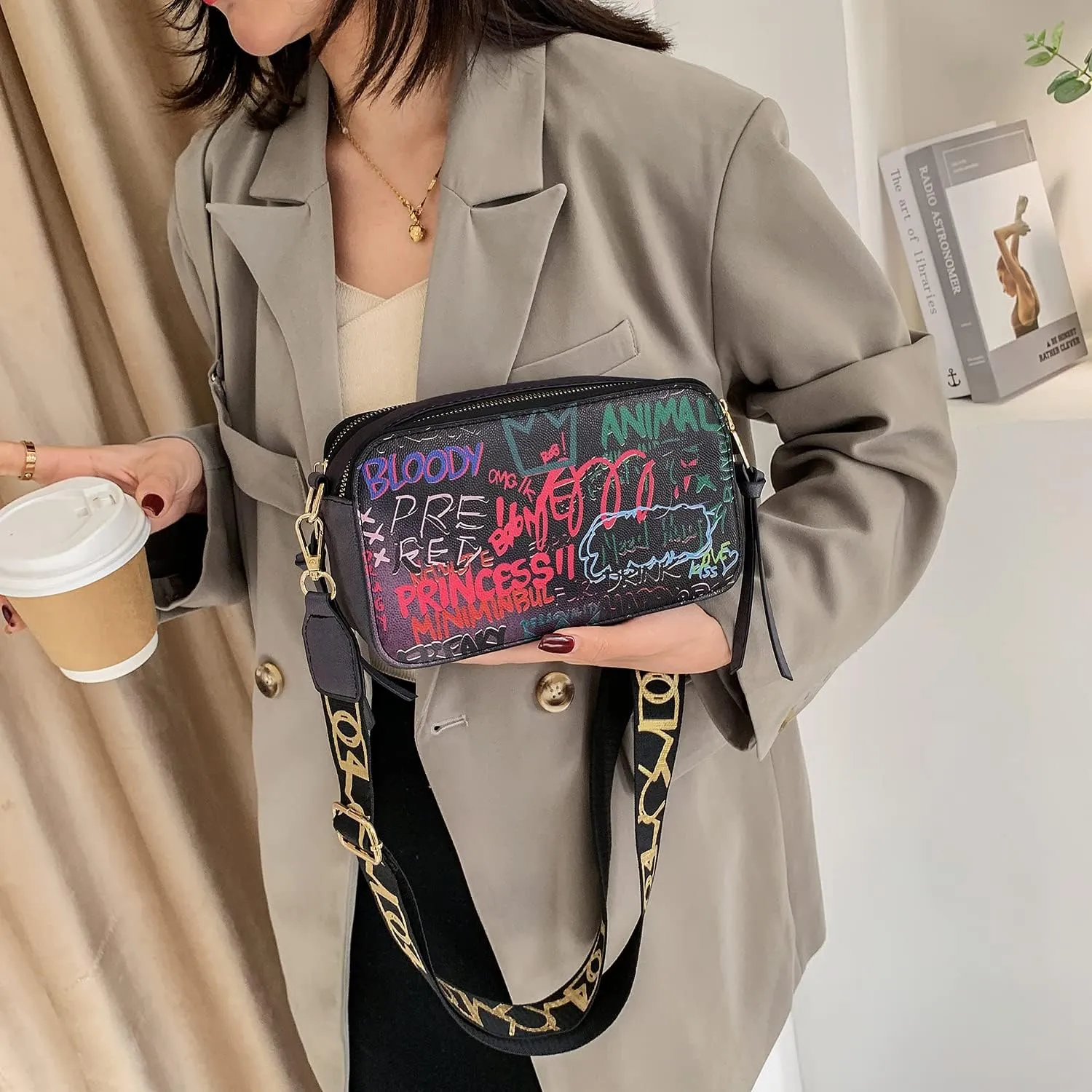 PU Leather Graffiti Square Bag, Large-capacity Tassel Bag, Shoulder Messenger Bag, Double Zipper Adjustable Wallet