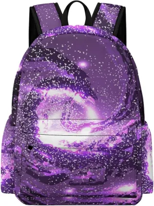 Purple Galaxies Nebulae Cosmos Cute Backpack Travel Work Bag with Water Bottle Pocket Adjustable Padded Shoulder Straps Daypack