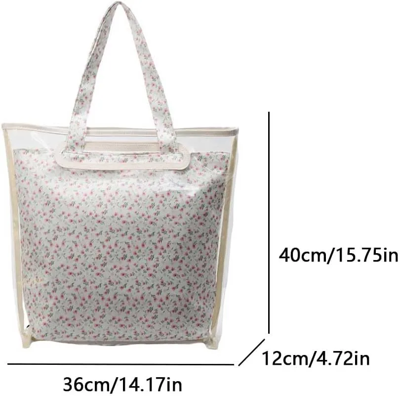 PVC Stylish Canvas Handbag Floral Printed Trendy Shoulder Bag Commute Bag (Pink)