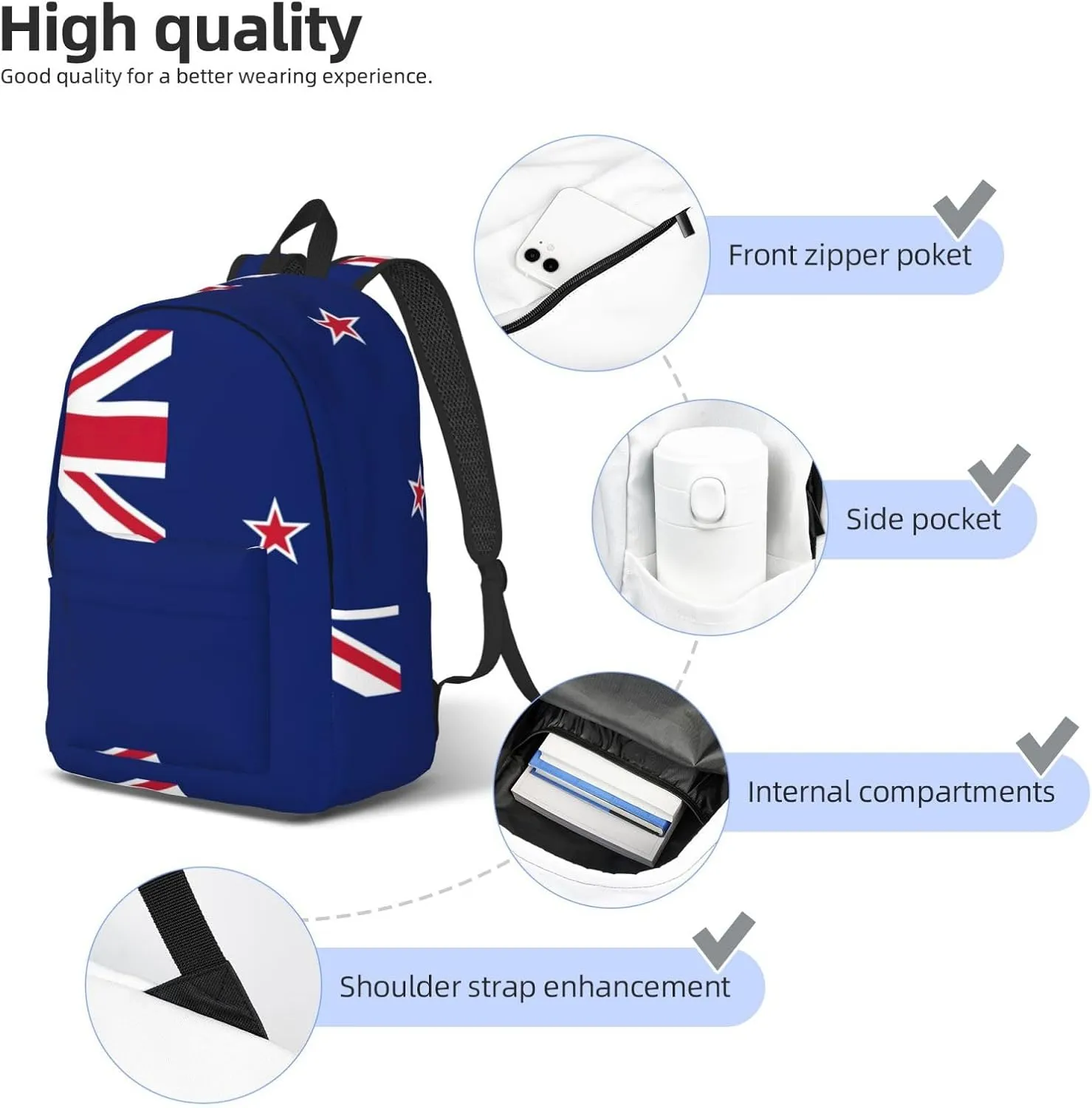 QIN&ZHENG New Zealand Flag Print Personalized Canvas Backpack Stylish Rucksack Novelty Casual Daypack for Travel Work Small