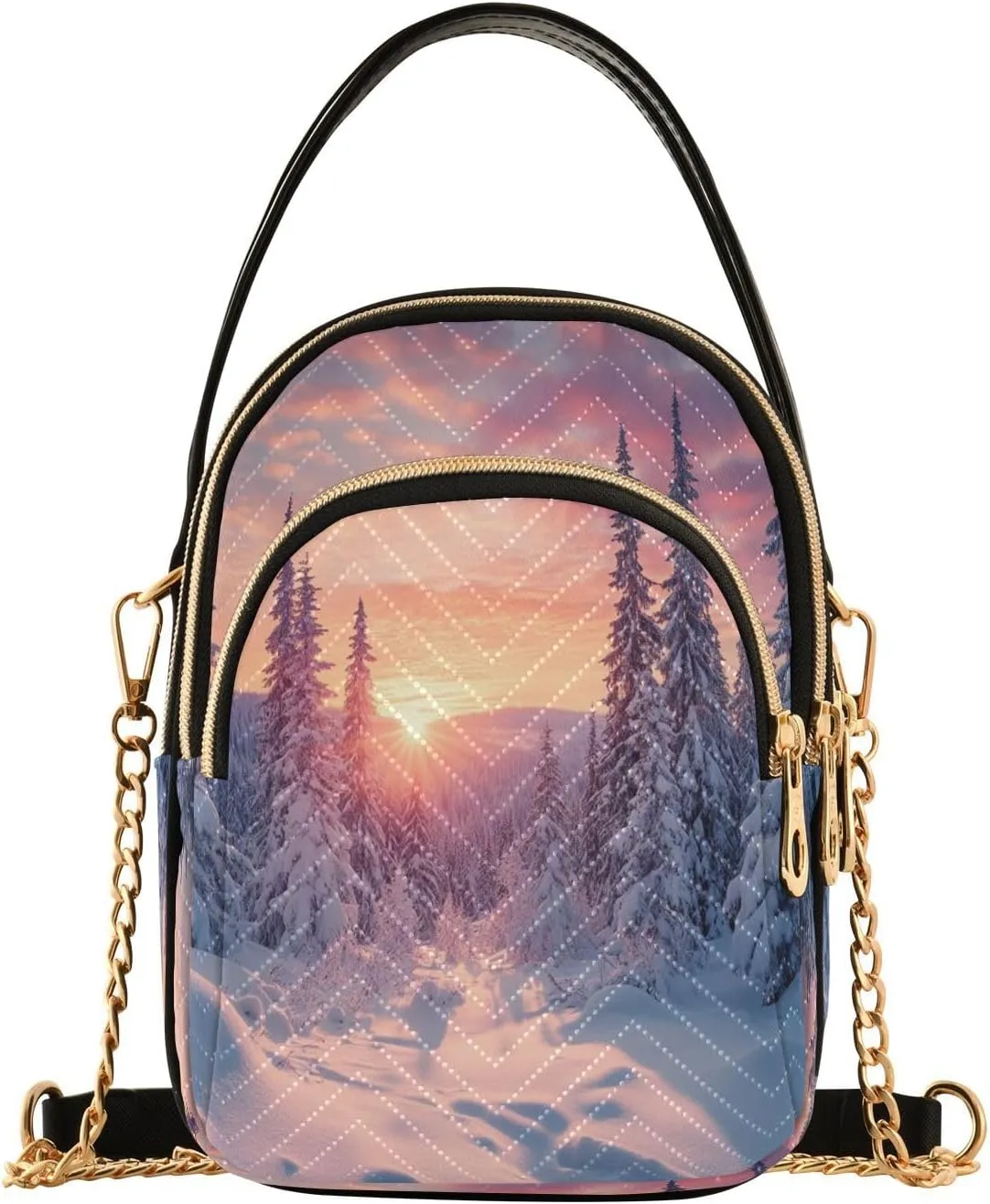 Quilted Crossbody Bags for Women Trendy, Winter Sunrise Small Shoulder Handbags Leather Purse for Women Cross Body Purses