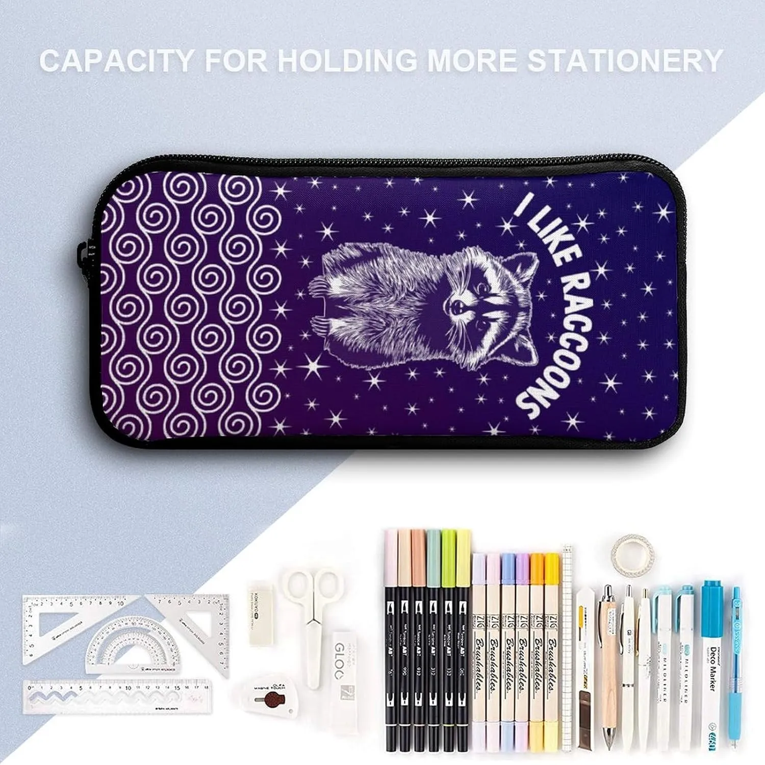 Raccoon Backpack with Lunch Box & Pencil Case, 16 Inch Cute Raccoons Themed Bookbag, Adjustable Lightweight Large Capacity, Colorful Daily Casual Animal Purple Backpacks Set with Lunch Bag