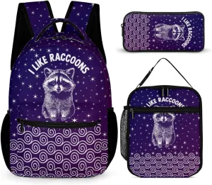 Raccoon Backpack with Lunch Box & Pencil Case, 16 Inch Cute Raccoons Themed Bookbag, Adjustable Lightweight Large Capacity, Colorful Daily Casual Animal Purple Backpacks Set with Lunch Bag