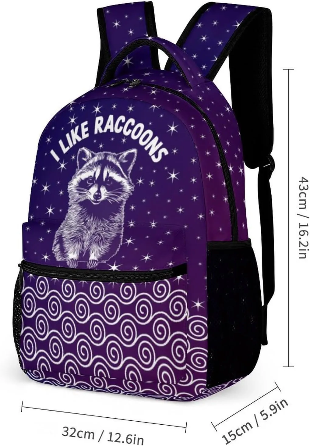 Raccoon Backpack with Lunch Box & Pencil Case, 16 Inch Cute Raccoons Themed Bookbag, Adjustable Lightweight Large Capacity, Colorful Daily Casual Animal Purple Backpacks Set with Lunch Bag