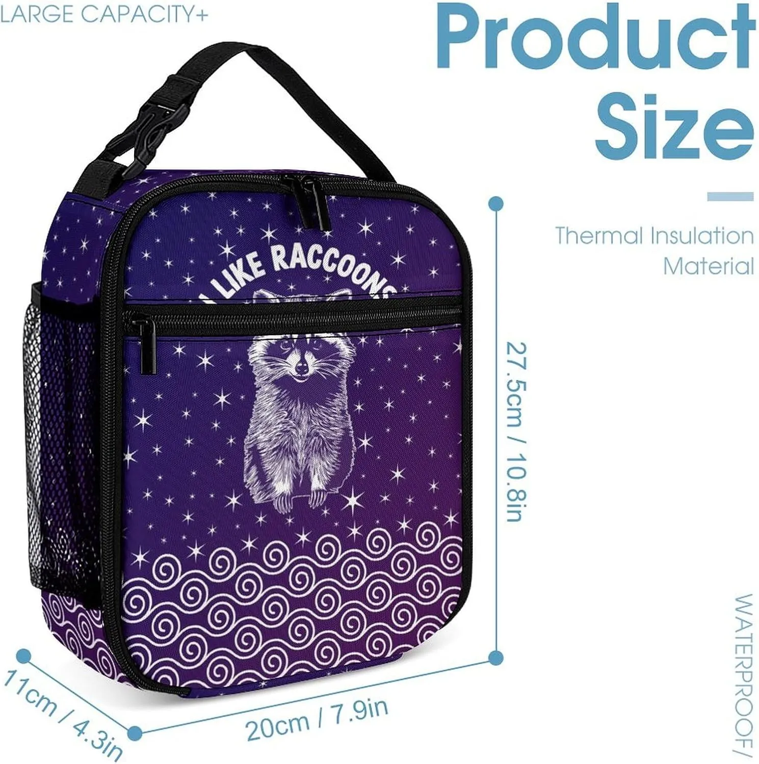 Raccoon Backpack with Lunch Box & Pencil Case, 16 Inch Cute Raccoons Themed Bookbag, Adjustable Lightweight Large Capacity, Colorful Daily Casual Animal Purple Backpacks Set with Lunch Bag