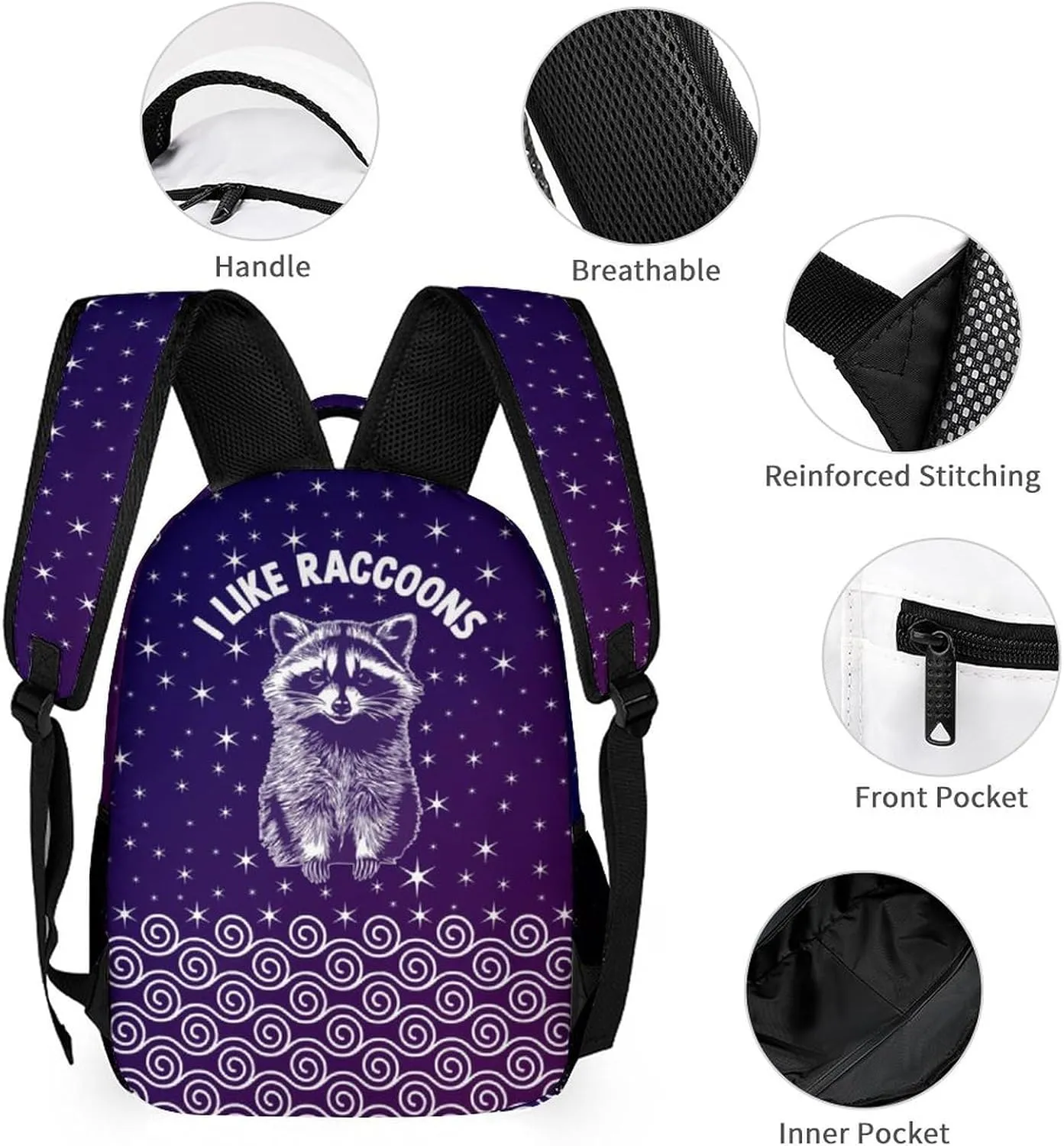 Raccoon Backpack with Lunch Box & Pencil Case, 16 Inch Cute Raccoons Themed Bookbag, Adjustable Lightweight Large Capacity, Colorful Daily Casual Animal Purple Backpacks Set with Lunch Bag