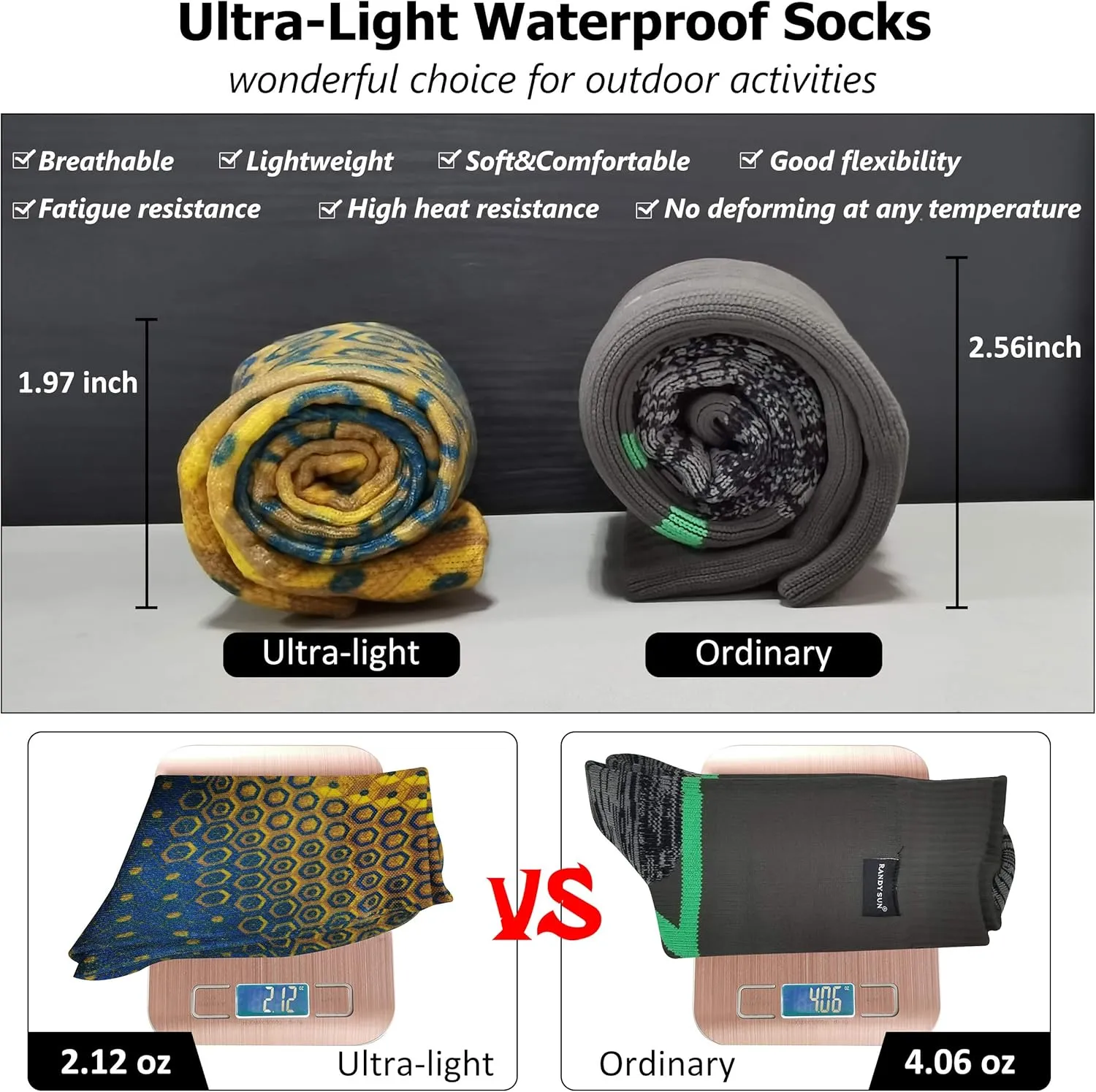 RANDY SUN Ultra-thin Golf Waterproof Socks, Breathable Men's Women's Sports Mid Calf Socks 1&2 Pairs