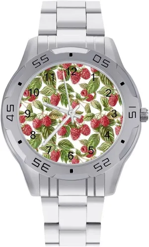 Raspberry Wild Fruit Strawberry Simple Stainless Steel Band Business Watch Dress Wrist Unique Luxury Work Casual Waterproof Watches