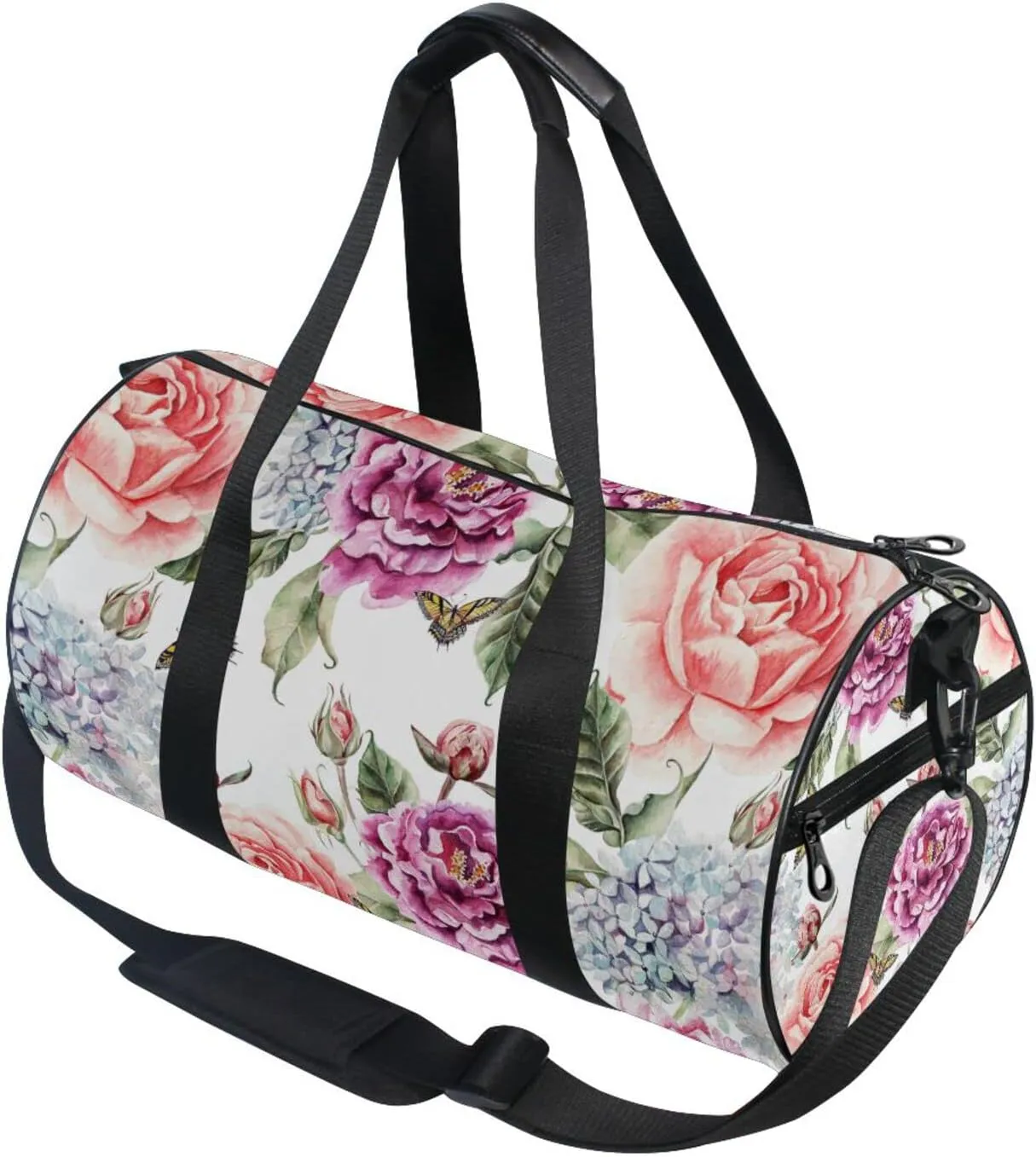 Red Purple Flowers with Leaves, Hydrangeas, Peonies, Buds and Petals Duffel Bag, Foldable Canvas Travel Tote for Gym Sports with Inner Pockets, Durable Lightweight Fitness Bag for Overnight Workout