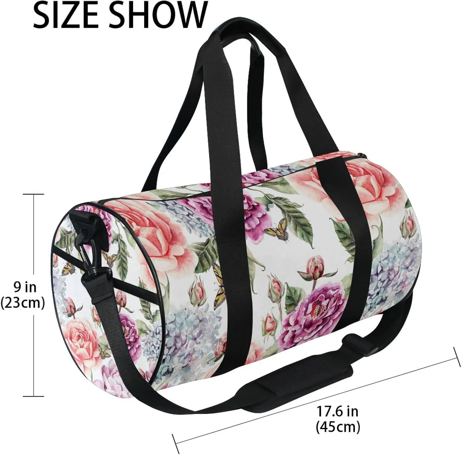 Red Purple Flowers with Leaves, Hydrangeas, Peonies, Buds and Petals Duffel Bag, Foldable Canvas Travel Tote for Gym Sports with Inner Pockets, Durable Lightweight Fitness Bag for Overnight Workout