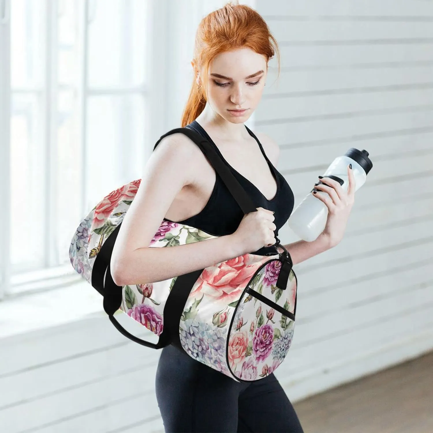 Red Purple Flowers with Leaves, Hydrangeas, Peonies, Buds and Petals Duffel Bag, Foldable Canvas Travel Tote for Gym Sports with Inner Pockets, Durable Lightweight Fitness Bag for Overnight Workout