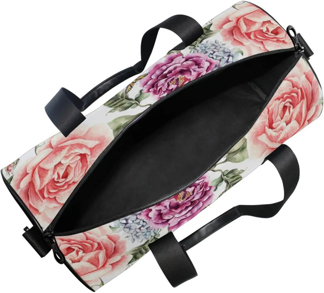 Red Purple Flowers with Leaves, Hydrangeas, Peonies, Buds and Petals Duffel Bag, Foldable Canvas Travel Tote for Gym Sports with Inner Pockets, Durable Lightweight Fitness Bag for Overnight Workout