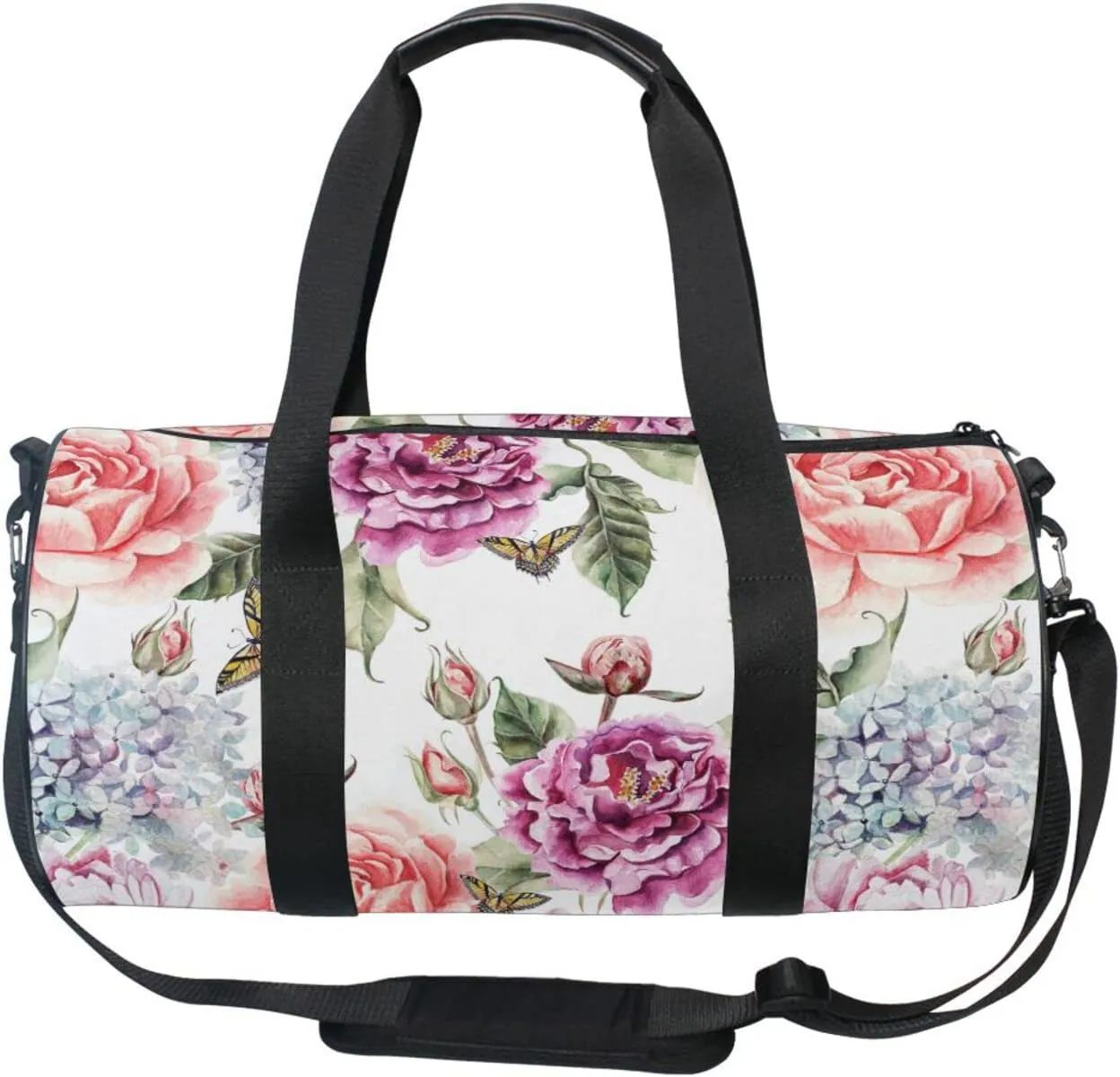 Red Purple Flowers with Leaves, Hydrangeas, Peonies, Buds and Petals Duffel Bag, Foldable Canvas Travel Tote for Gym Sports with Inner Pockets, Durable Lightweight Fitness Bag for Overnight Workout