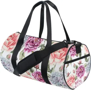 Red Purple Flowers with Leaves, Hydrangeas, Peonies, Buds and Petals Duffel Bag, Foldable Canvas Travel Tote for Gym Sports with Inner Pockets, Durable Lightweight Fitness Bag for Overnight Workout