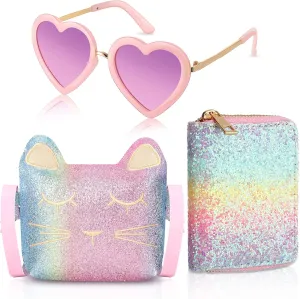 Reginary 3 Pcs Purse for Women Heart Shaped UV Protection Sunglasses Crossbody Bag Glitter Cute Cat Wallet