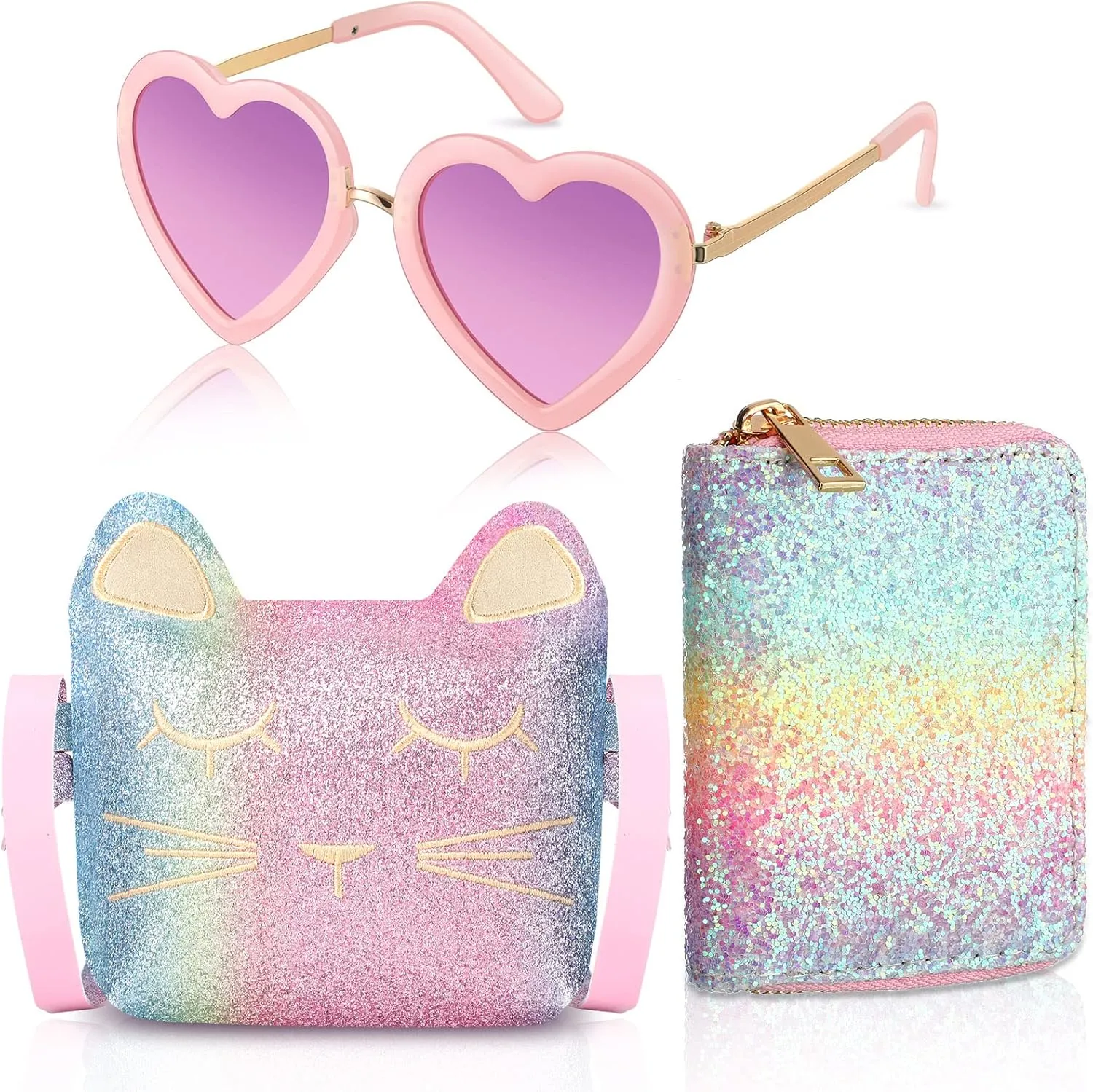 Reginary 3 Pcs Purse for Women Heart Shaped UV Protection Sunglasses Crossbody Bag Glitter Cute Cat Wallet