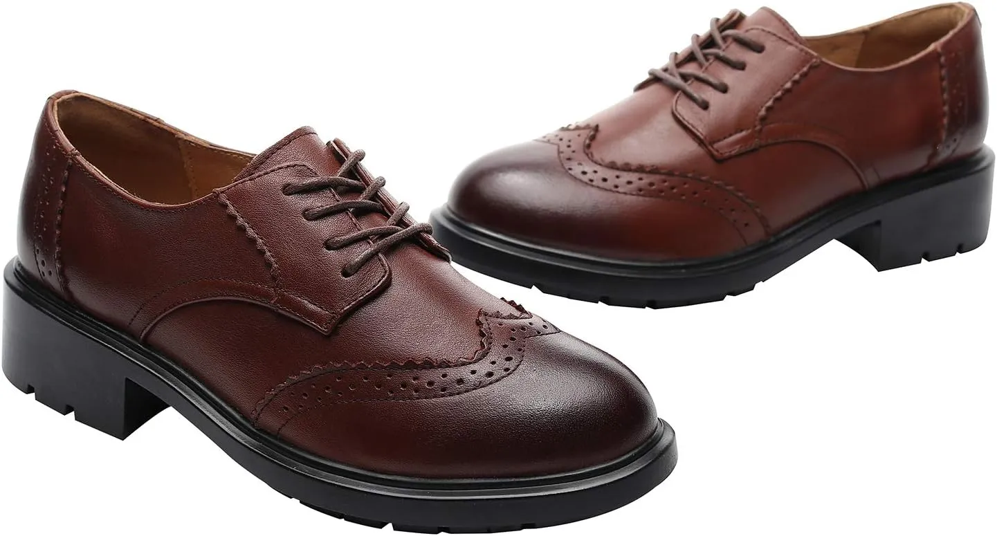rismart Women's Dress Oxfords Leather Round Toe Lace up Business Formal Brogues Shoes