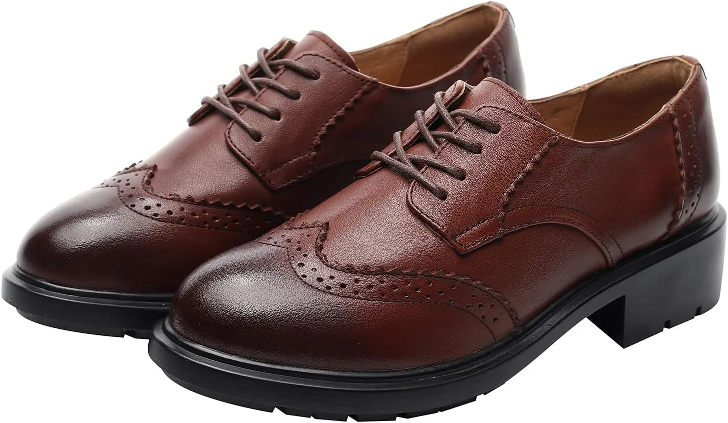 rismart Women's Dress Oxfords Leather Round Toe Lace up Business Formal Brogues Shoes
