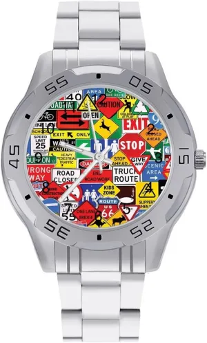 Road Traffic Sign Simple Wrist Watches for Men Silver Casual Big Face Dress Watch Easy to Read